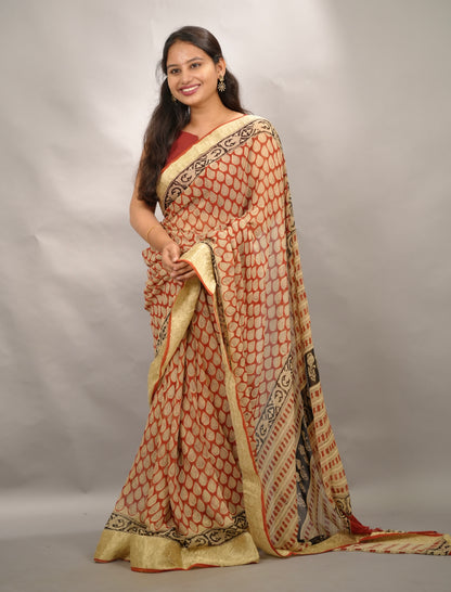 Red Chiffon Hand Block Printed Saree with Jari Border | Looms & Tassels