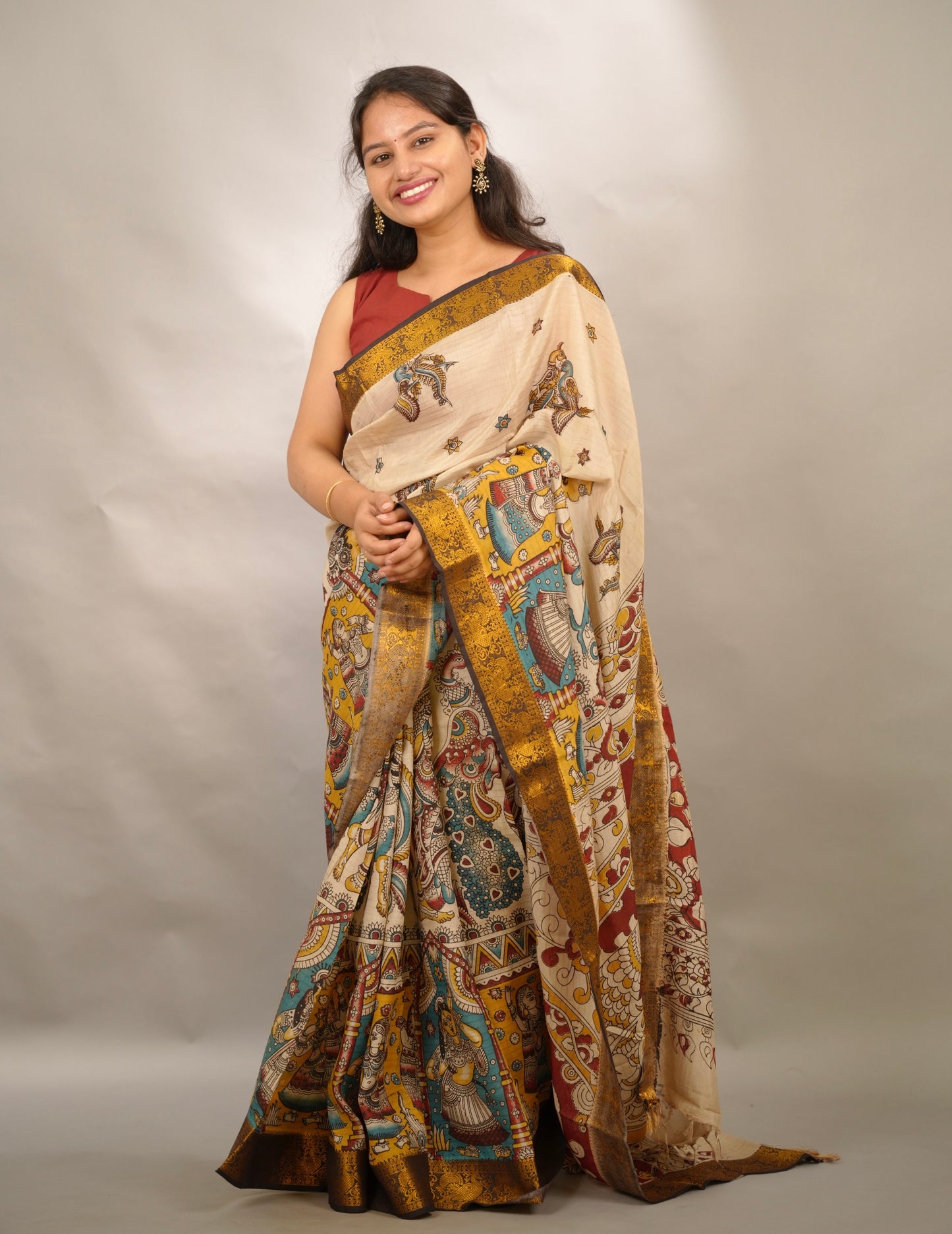 Cream Kanchi border Kalamkari chennur silk saree | Looms & Tassels