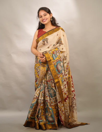Cream Kanchi border Kalamkari chennur silk saree | Looms & Tassels