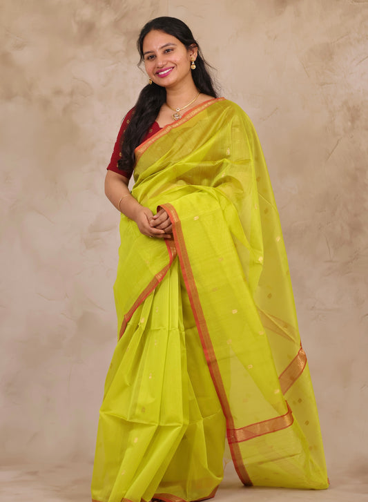 Lime Green Handloom Maheswari Silk Cotton Sarees | Looms & Tassels