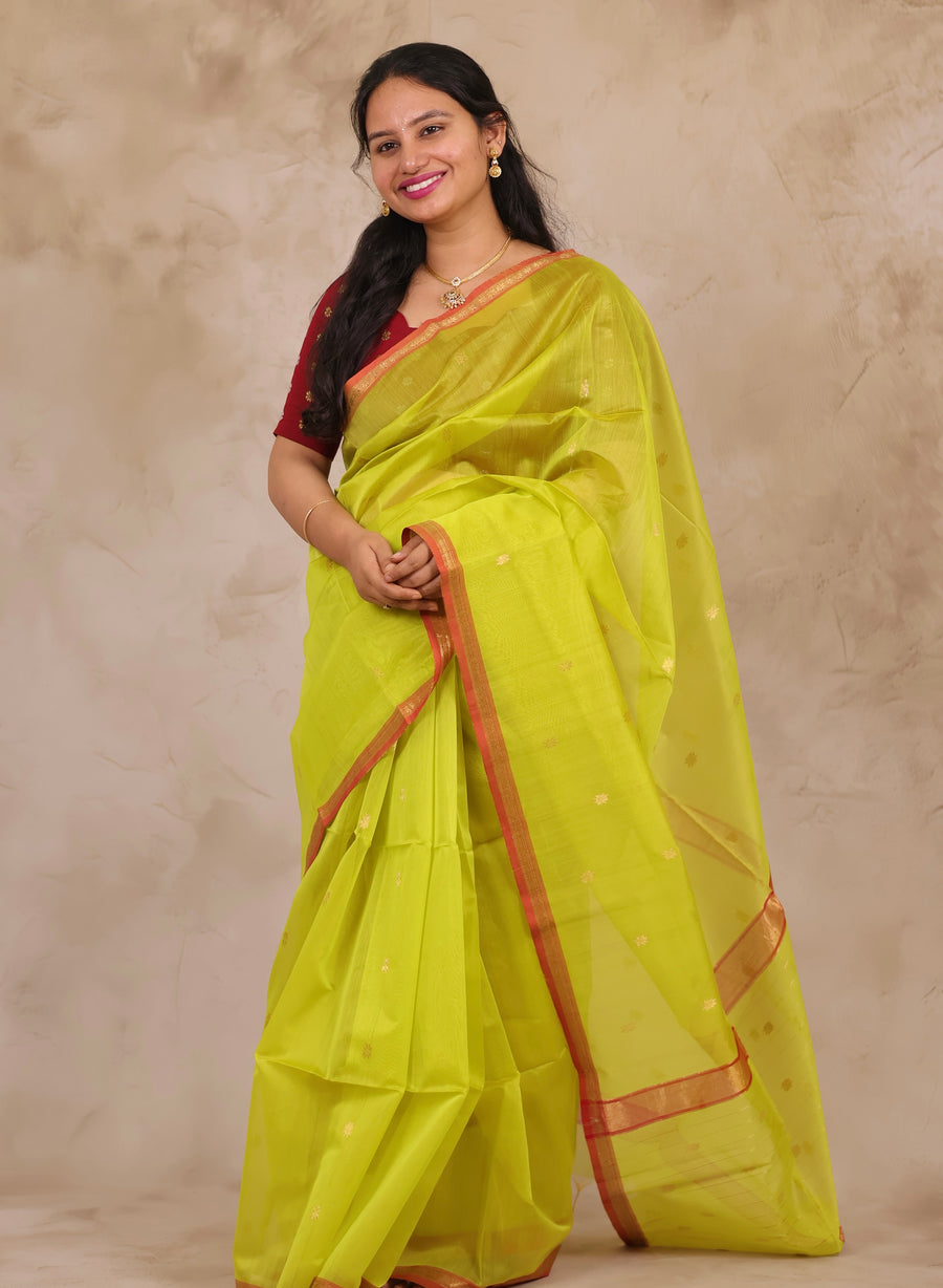 Lime Green Handloom Maheswari Silk Cotton Sarees | Looms & Tassels