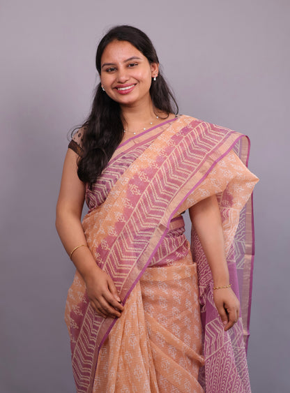 Pure Kota Doria Saree with Bagru Handblock Prints – Peach | Looms&Tassels