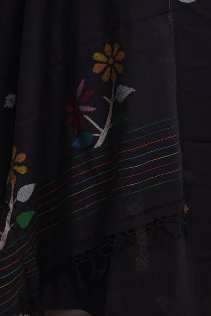 Black Handwoven Jamdhani weaving pure Malai cotton 2 piece suit sets | Looms & Tassels