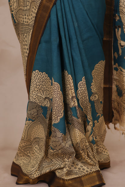 Blue Kalamkari Nizam Border Chennur Silk Saree | Looms & Tassels