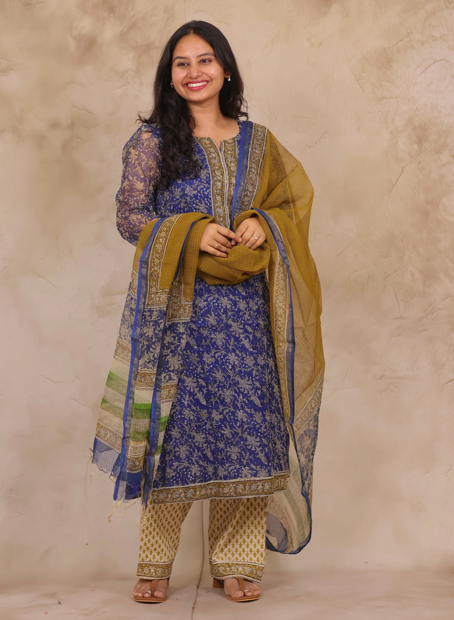 Blue Handblock printed kota 3 piece suit (stitched)