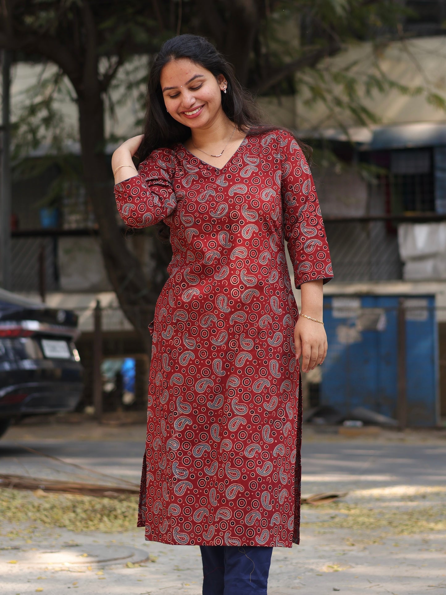 Maroon Ajrakh Hand Block Printed Kurti