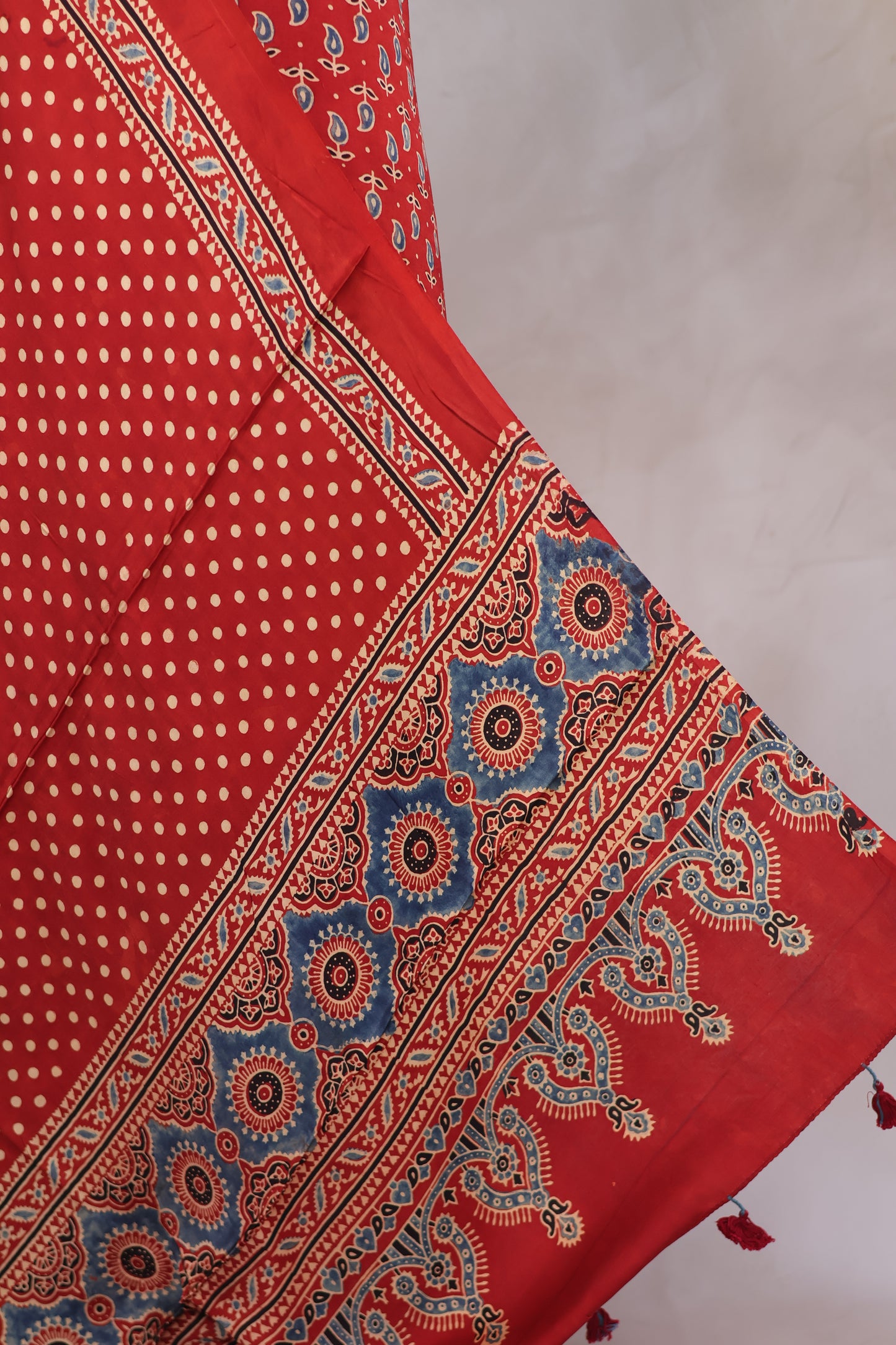 Red Mango motif Ajrakh Handblock Printed Modal Silk 2 Piece Suit Set | Looms & Tassels