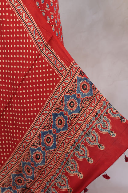 Red Mango motif Ajrakh Handblock Printed Modal Silk 2 Piece Suit Set | Looms & Tassels