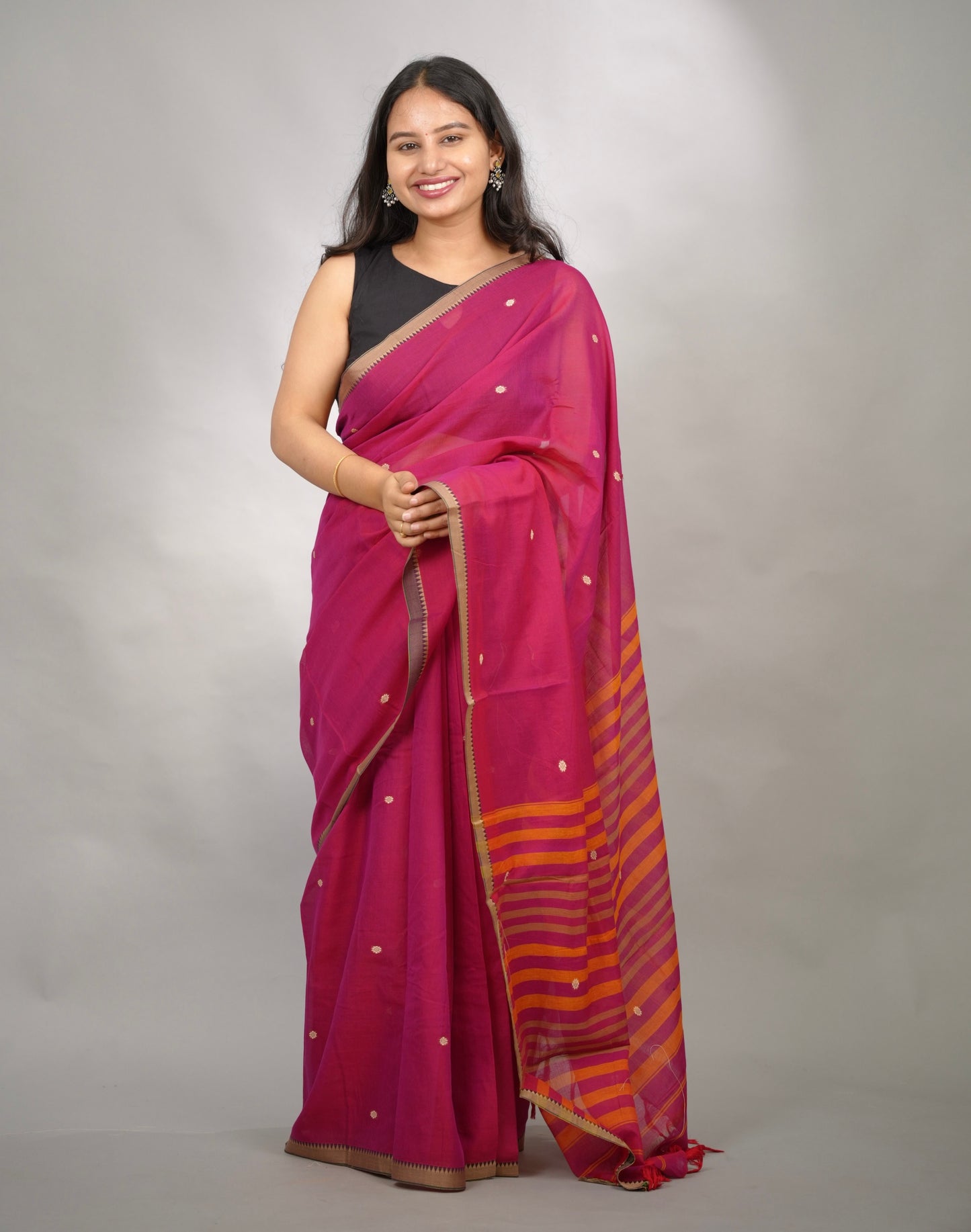 Pink Narayanpet Cotton Saree With Butta Weaving | Looms & Tassels