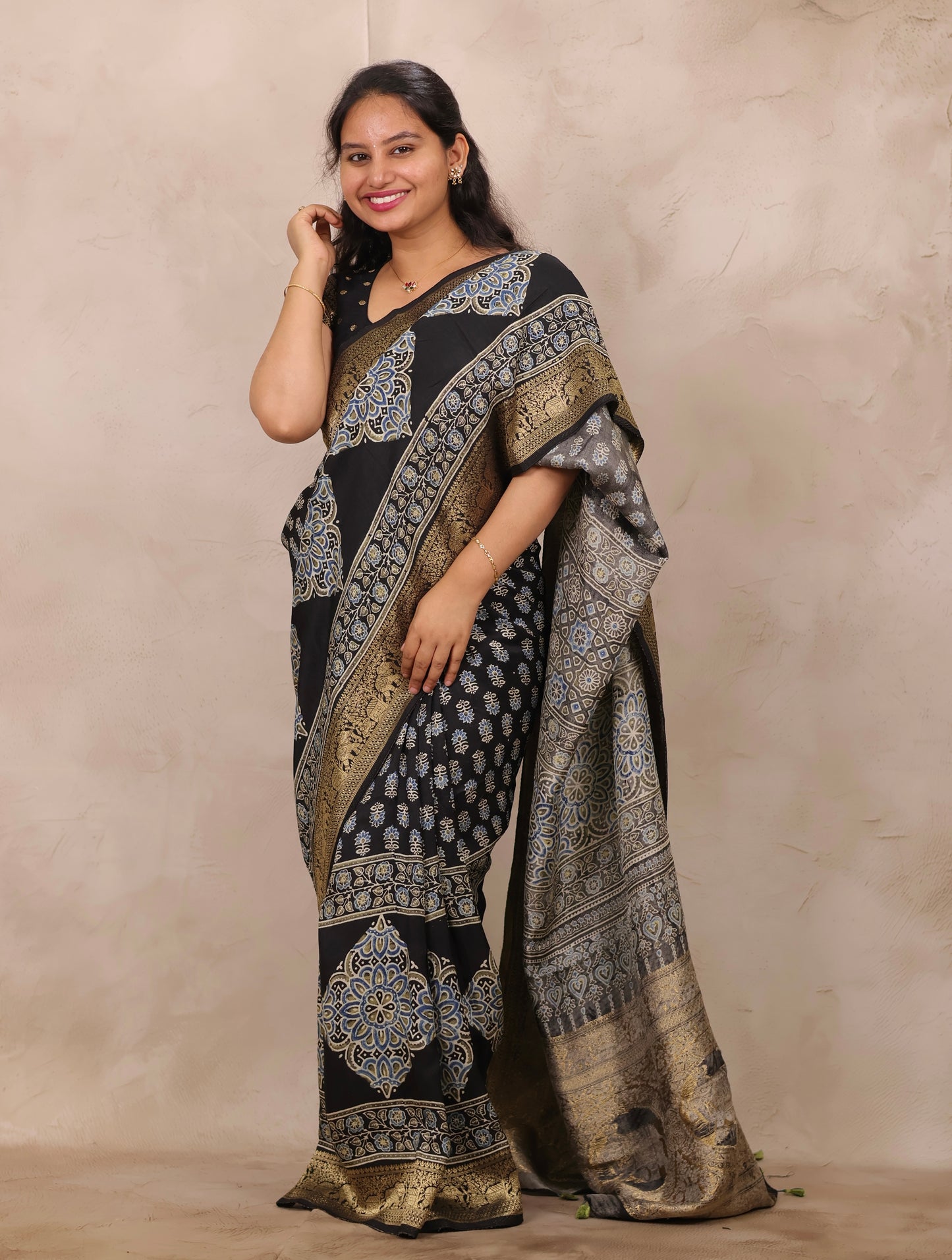 Black Ajrakh Handblock printed Dola Silk Saree | Looms & Tassels
