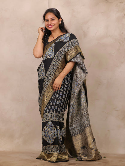 Black Ajrakh Handblock printed Dola Silk Saree | Looms & Tassels