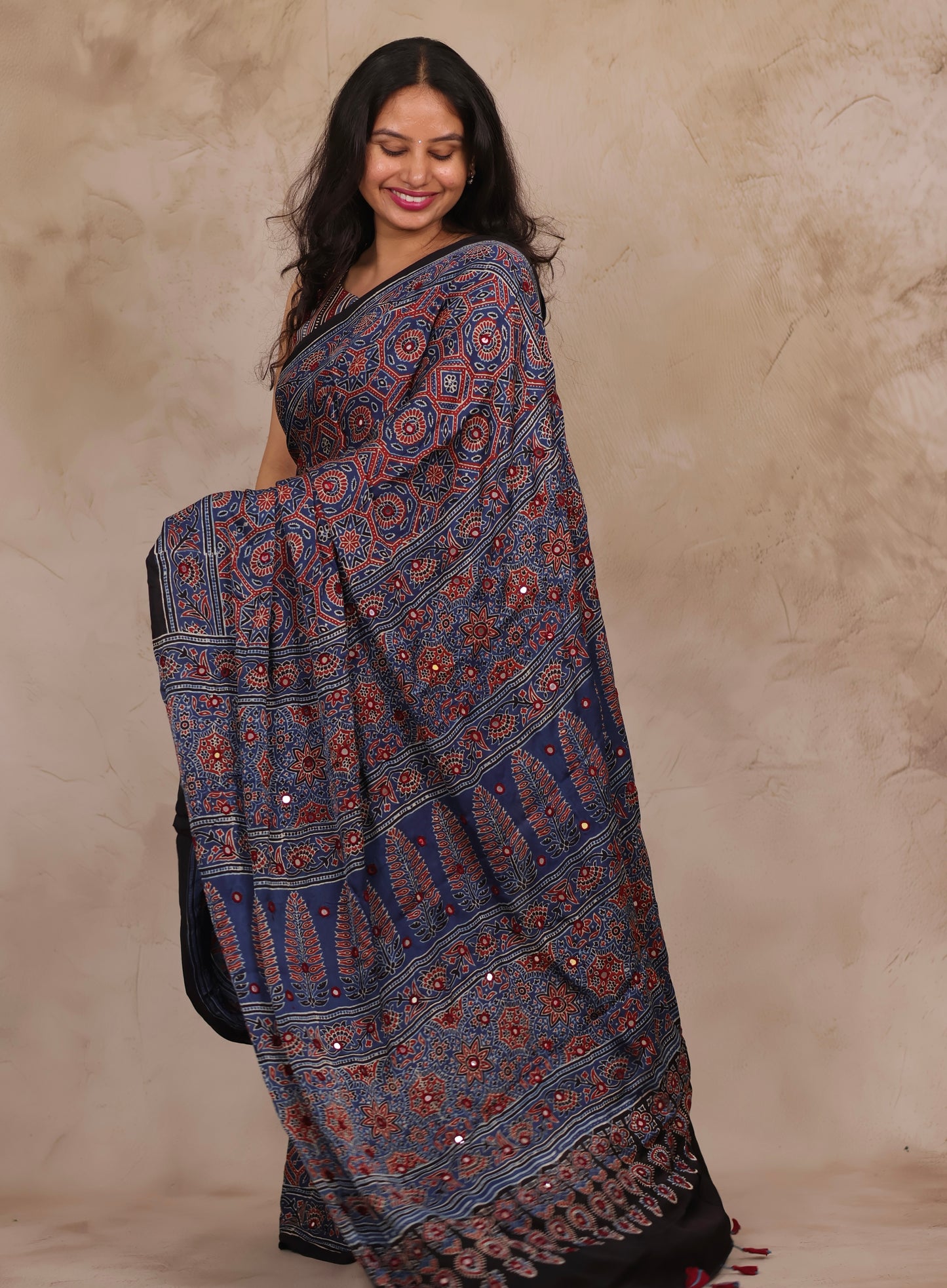 Indigo Handcrafted Ajrakh Modal Silk Saree with Authentic Banjara Mirror Work | Looms & Tassels