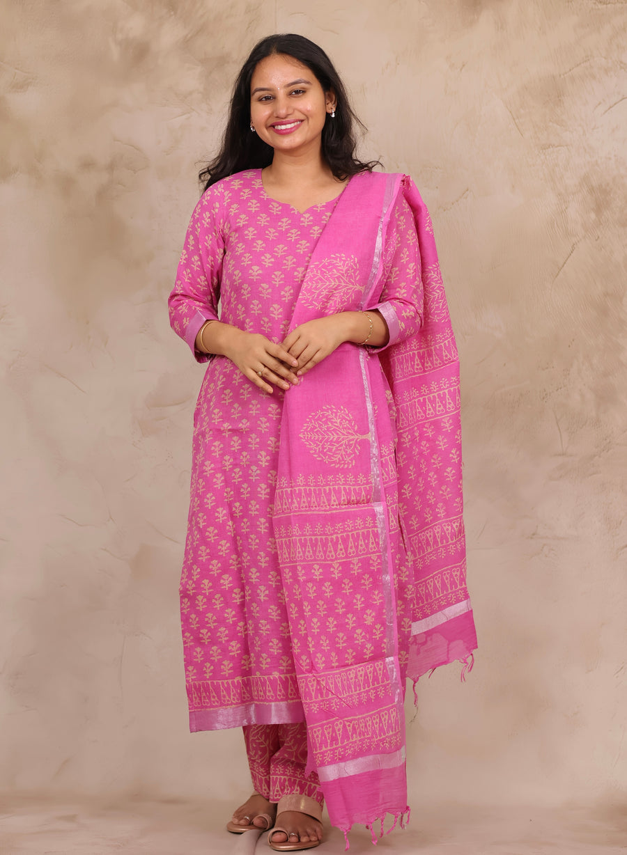 Pink Linen Cotton Handblock printed 3 piece suit (stitched)