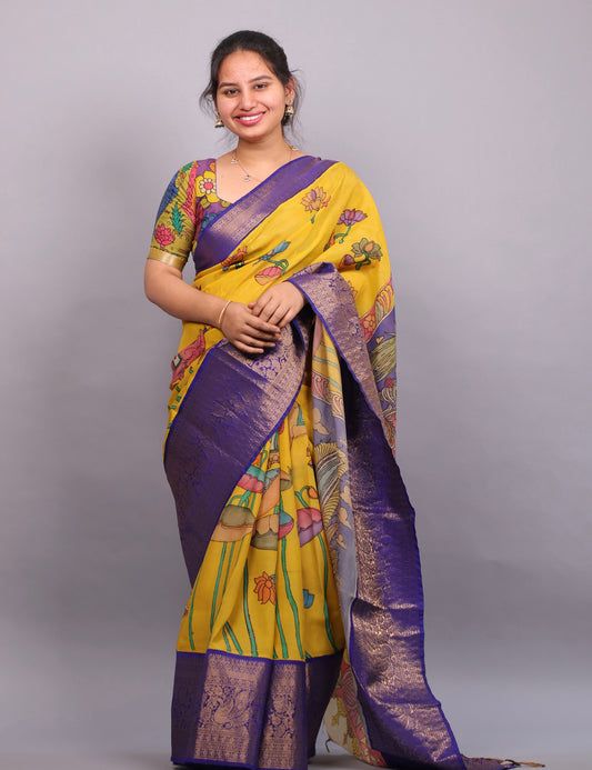 Yellow Hand Painted Pen Kalamkari Silk Saree