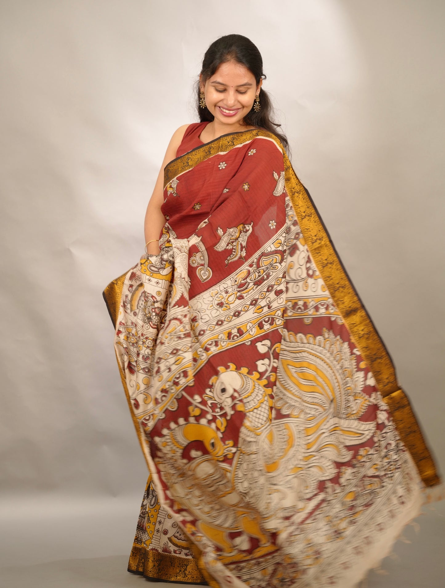 Maroon Kanchi border Kalamkari chennur silk saree | Looms & Tassels