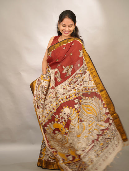 Maroon Kanchi border Kalamkari chennur silk saree | Looms & Tassels
