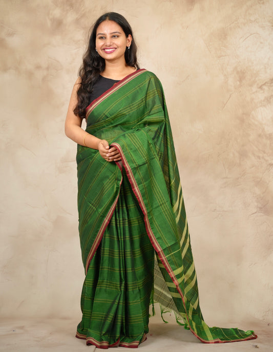 Green Narayanpet Cotton Saree lines weaving | Looms & Tassels