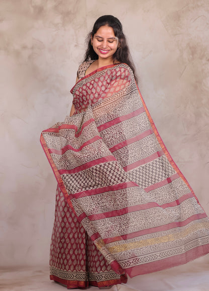 Onion Pink Pure Kota Doria Saree with Bagru Handblock Prints | Looms & Tassels