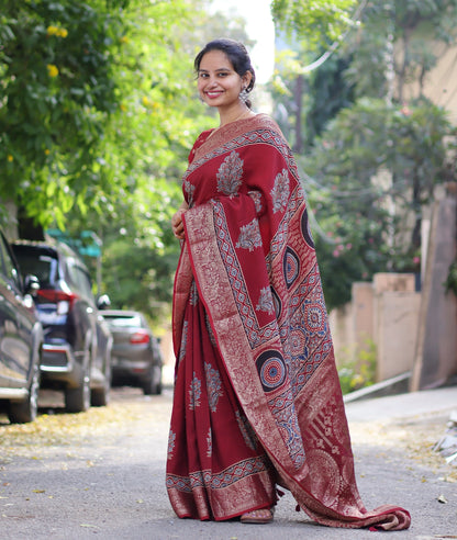 Ajrakh Dola Silk Saree