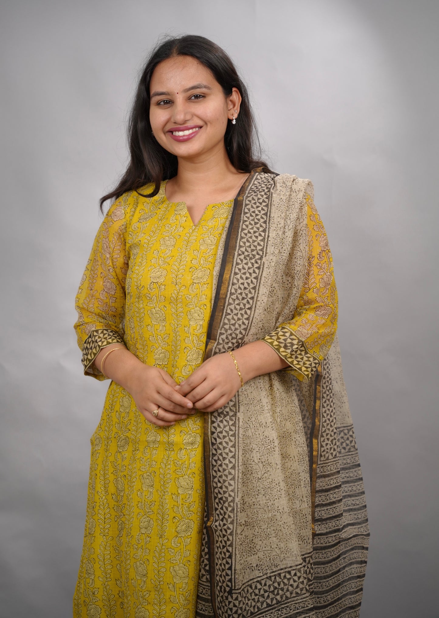 Yellow Handblock printed kota 3 piece suit (stitched)| Looms & Tassels