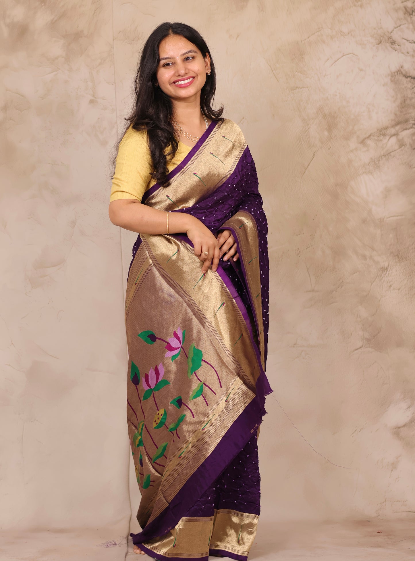 Purple Handcrafted Bandhani Paithani Dola Silk Saree | Looms & Tassels