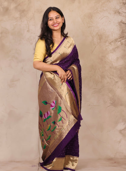 Purple Handcrafted Bandhani Paithani Dola Silk Saree | Looms & Tassels