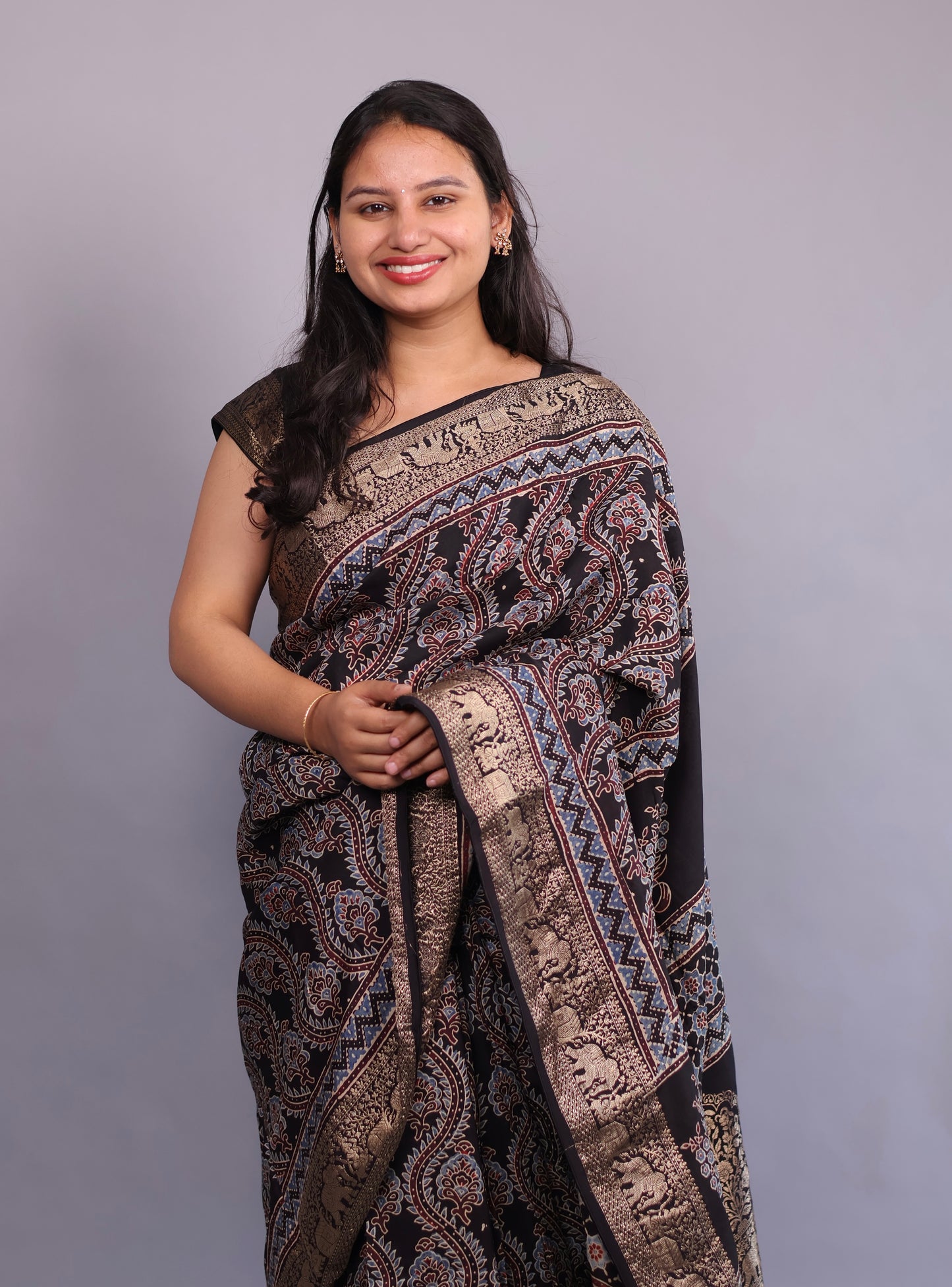 Black Floral Jal Motifs Ajrakh Handblock printed Dola Silk Saree | Looms & Tassels