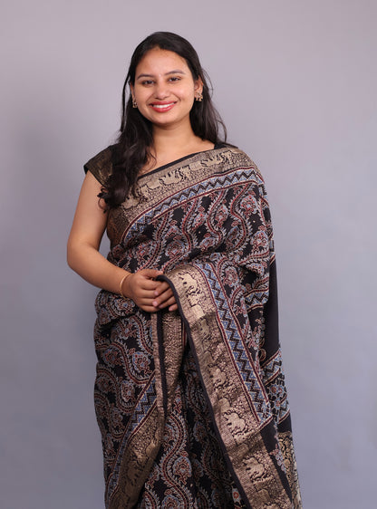 Black Floral Jal Motifs Ajrakh Handblock printed Dola Silk Saree | Looms & Tassels