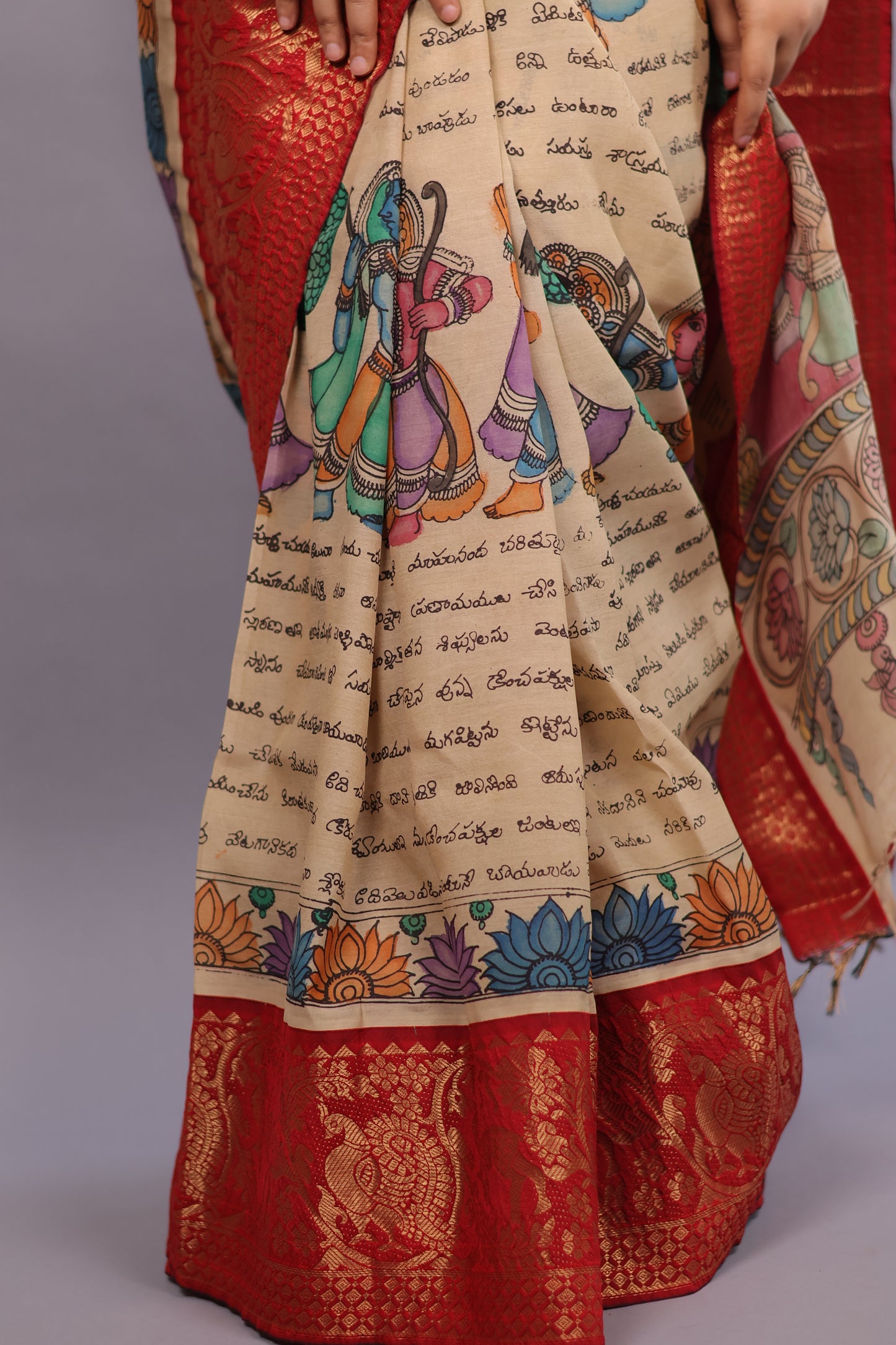 Cream Hand Painted Pen Kalamkari Silk Saree