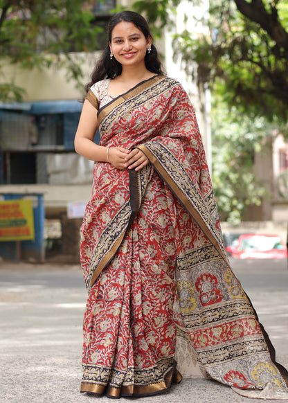 Red Hand Block Printed Kalamkari Nizam Border Silk Sare