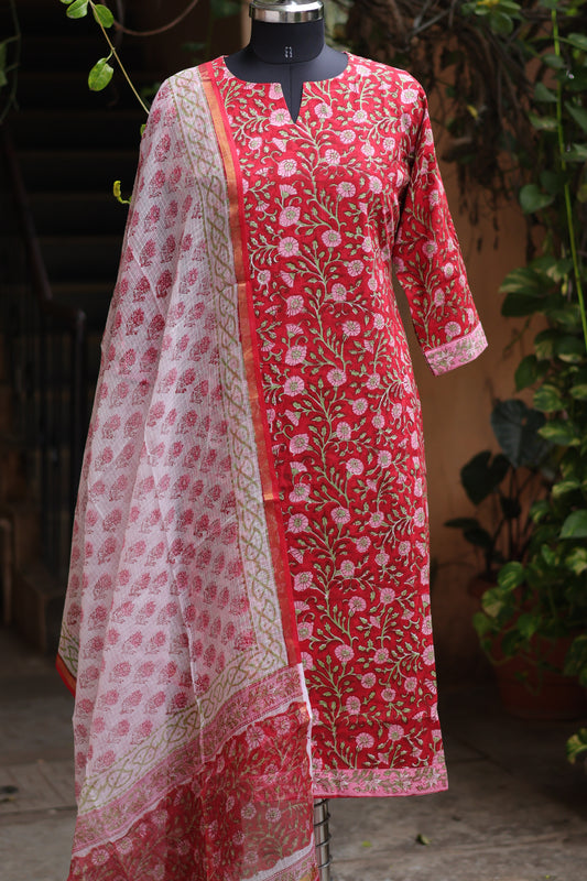 Red Handblock printed Pure Mul Cotton with Kota Doria Duppata 3 piece suit (stitched)