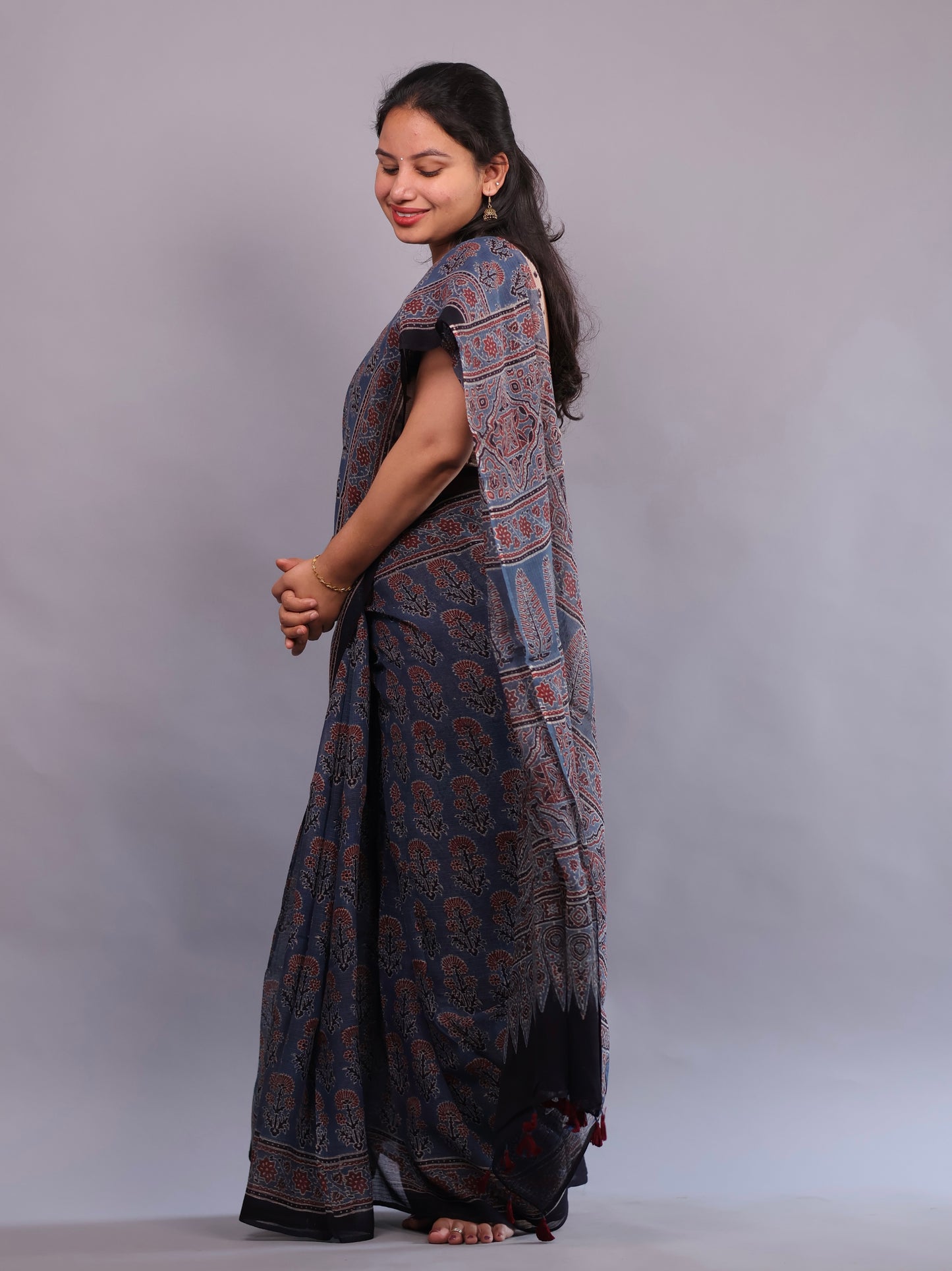 Indigo Ajrakh Hand Block Printed Kota Doria Saree | Looms & Tassels