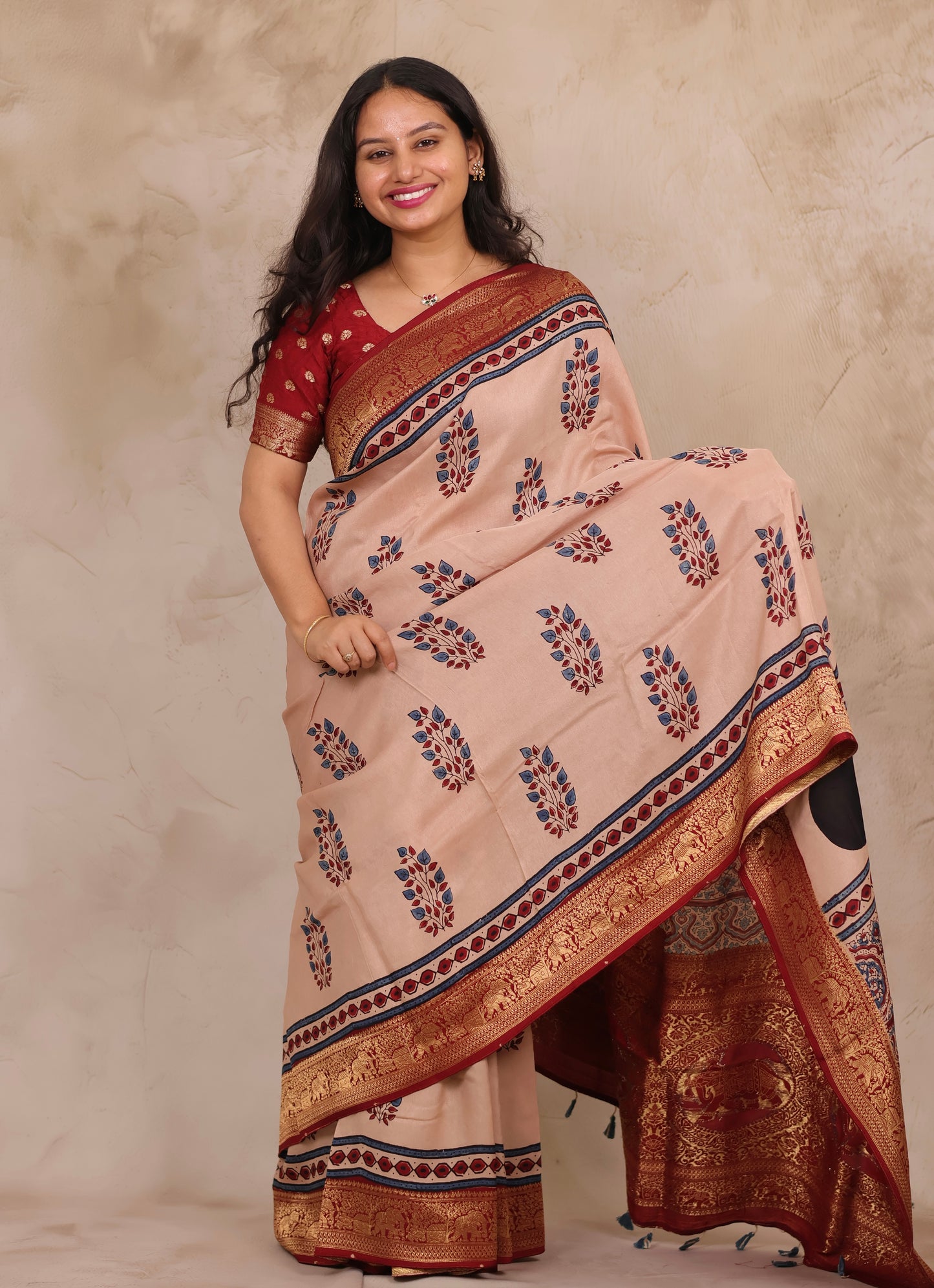 Ajrakh Handblock printed Dola Silk Saree | Looms & Tassels