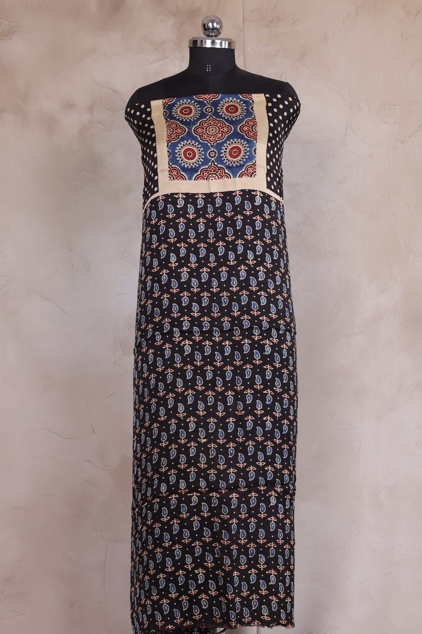 Black Mango Motifs Ajrakh Handblock Printed Modal Silk 2 Piece Suit Set | Looms & Tassels