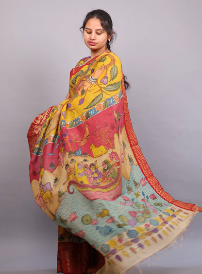 Hand Painted Pen Kalamkari Silk Saree