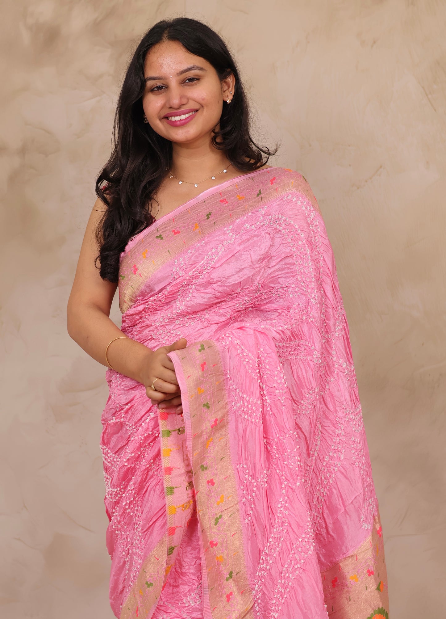 Baby Pink Handcrafted Pattern Bandhani Paithani Dola Silk Saree | Looms & Tassels