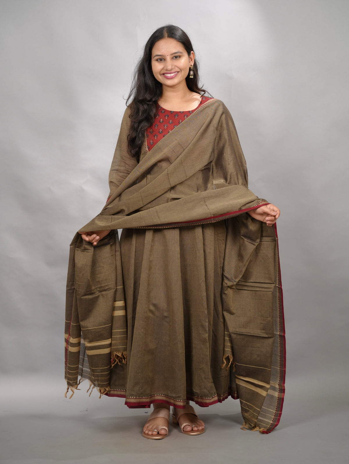 Grey Ajrakh Patch Work Narayanpet Cotton Anarkali Dress with Narayanpet Dupatta | Looms & Tassels