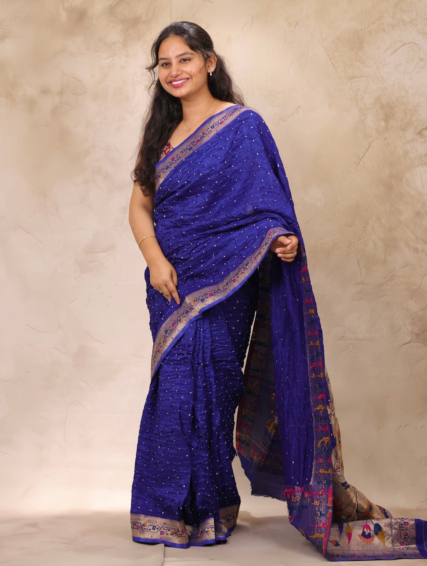 Blue Handcrafted Bandhani Paithani Dola Silk Saree | Looms & Tassels