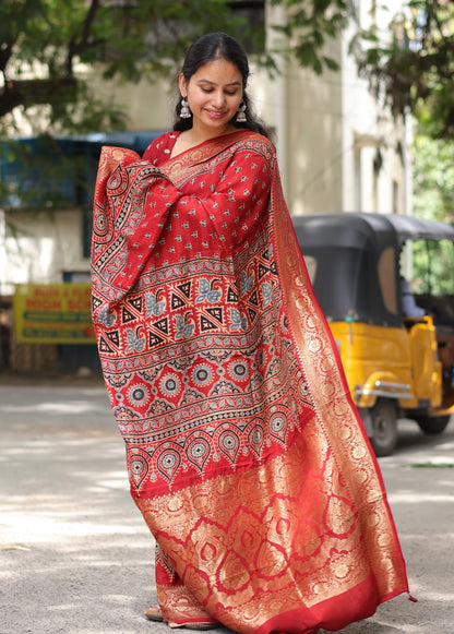 Ajrakh Dola Silk Saree