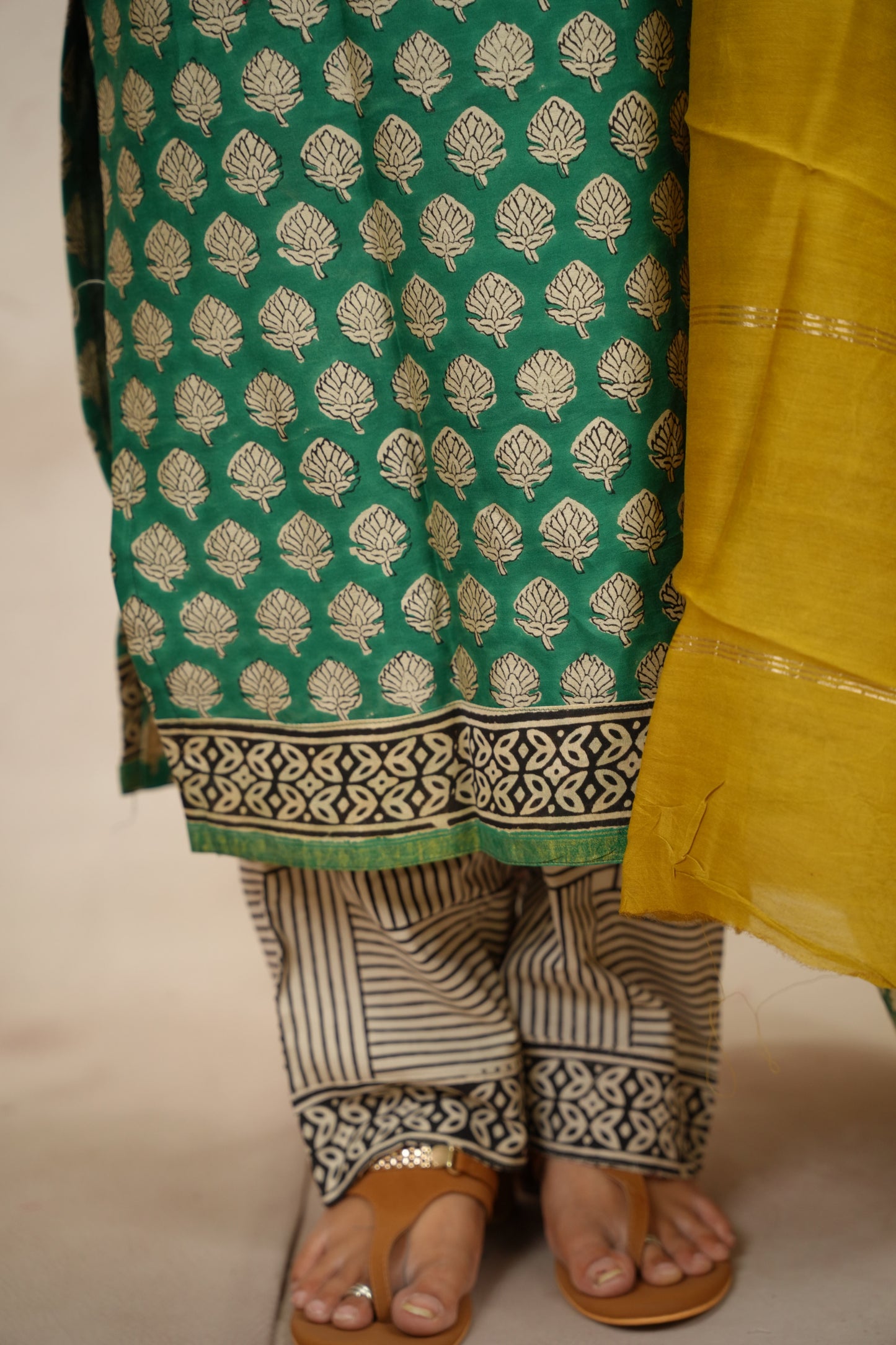 Green Handblock printed Pure Chenderi Silk 3 piece suit (stitched) | Looms & Tassels