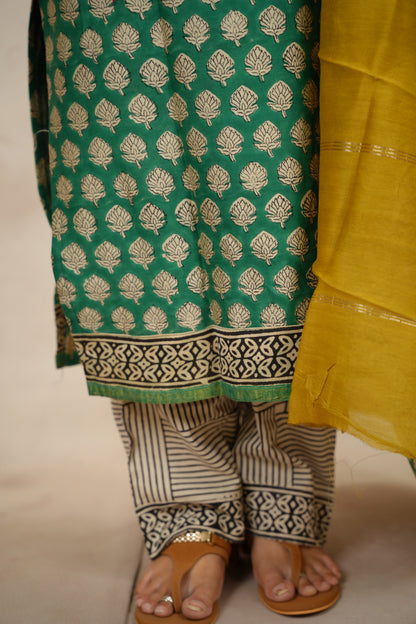 Green Handblock printed Pure Chenderi Silk 3 piece suit (stitched) | Looms & Tassels