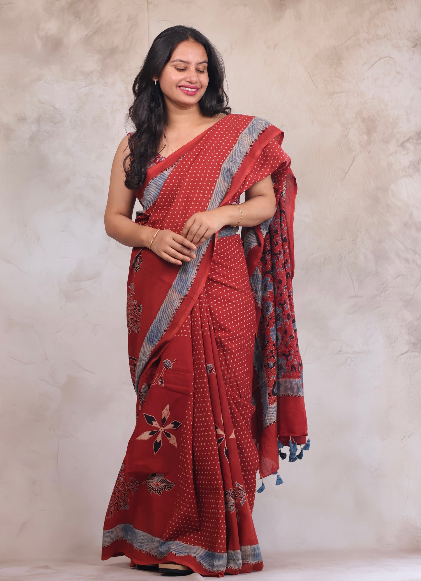 Red Ajrakh Hand Block Printed Mul Cotton Saree | Looms & Tassels