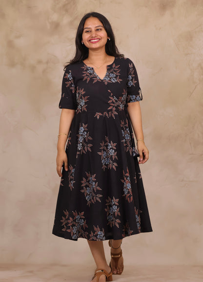Black Pure Mul Cotton Ajrakh Mini Dress | Looms & Tassels