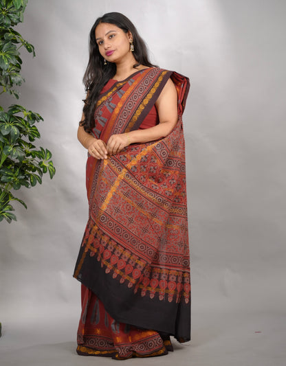 Maroon Ajrakh Hand Block Printed Sungudi Cotton Saree | Looms & Tassels