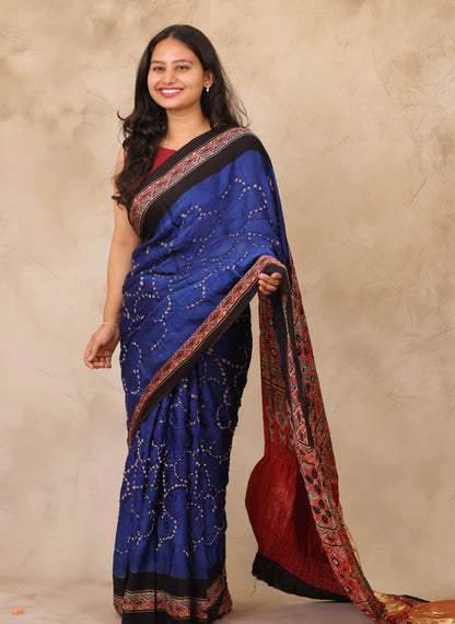 Blue Hand Knotted Bandhej Arakh Modal Silk Saree with Lagdi Pallu | Looms & Tassels