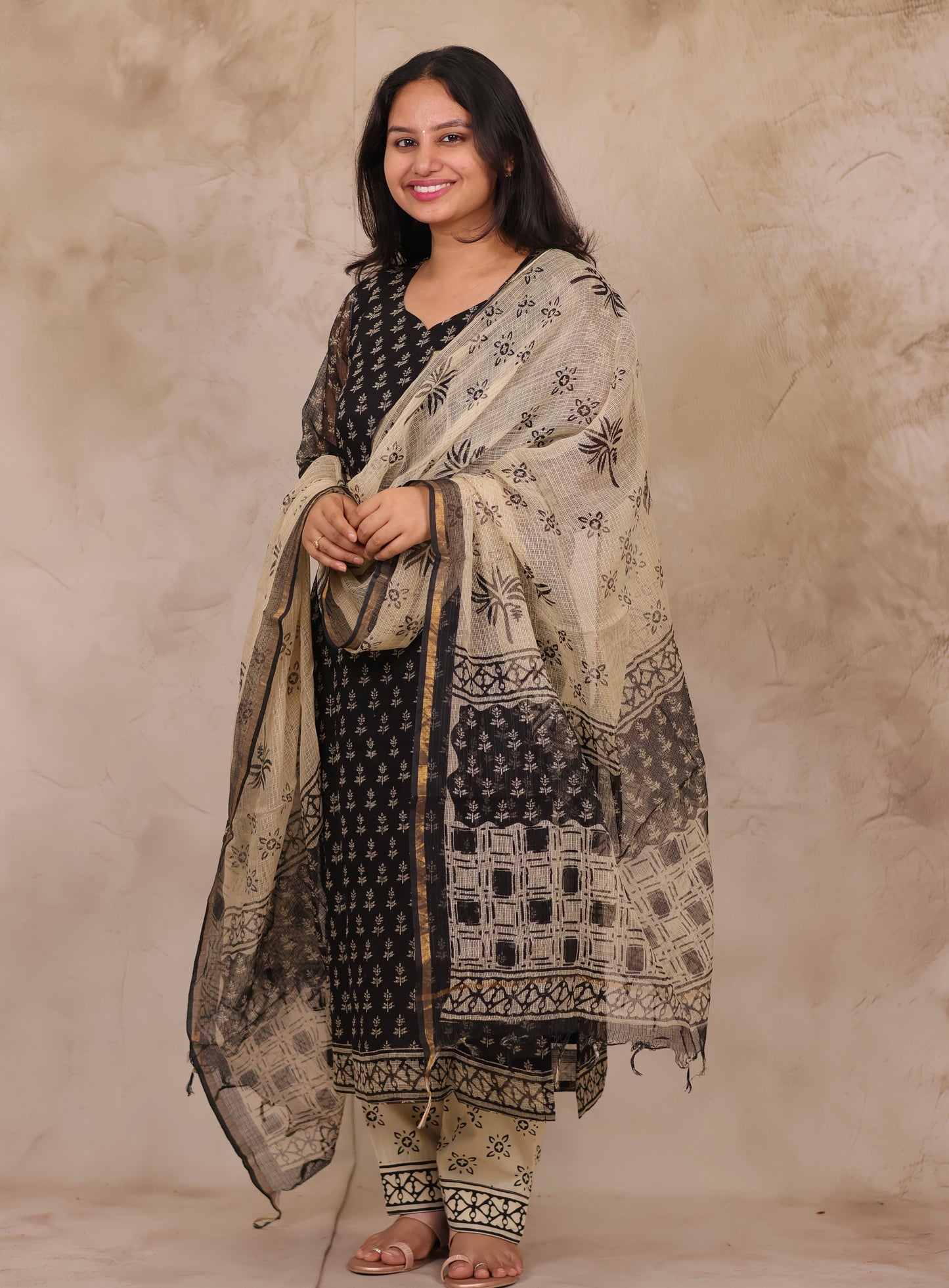 Black Handblock printed kota 3 piece suit (stitched)