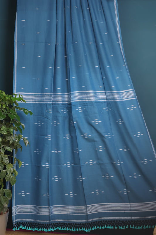 Blue Pure Handwoven Malai Cotton Saree with Butta Weaving