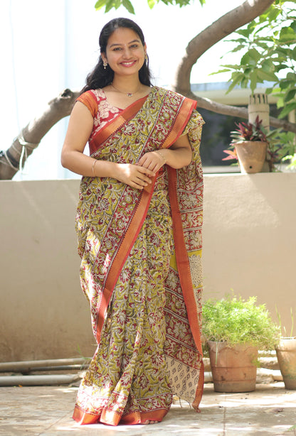 Mustard Hand Block Printed Kalamkari Nizam Border Silk Sare
