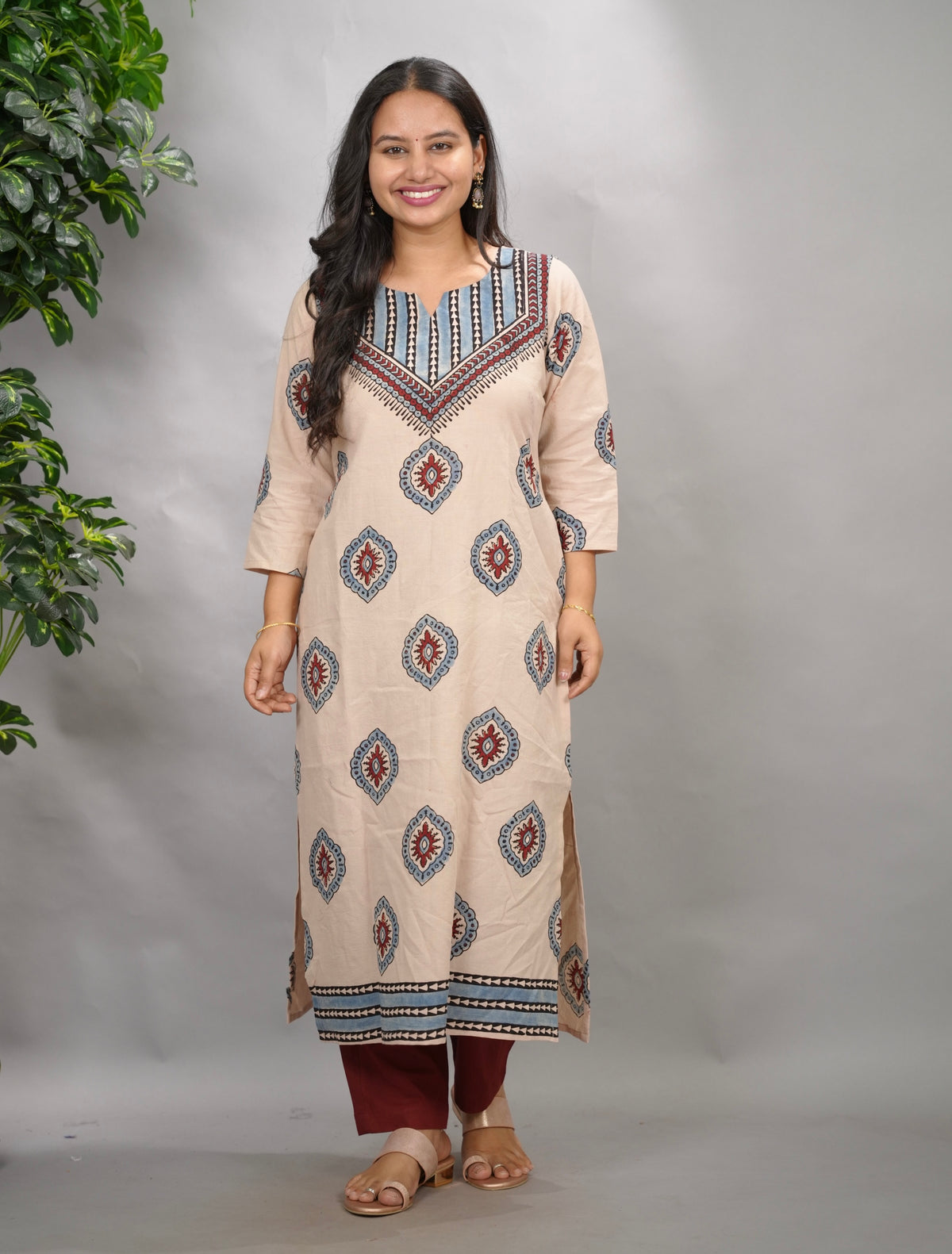 Cream Ajrakh Pattern Hand Block printed Kurti | Looms & Tassels