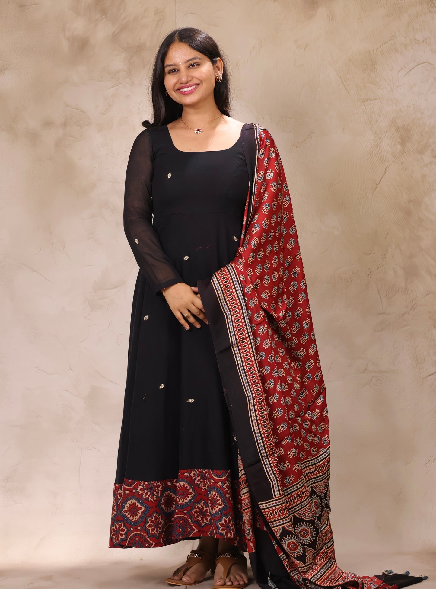 Black Ajrakh Patch Work Narayanpet Cotton Anarkali Dress with Ajrakh Modal Silk Dupatta | Looms & Tassels